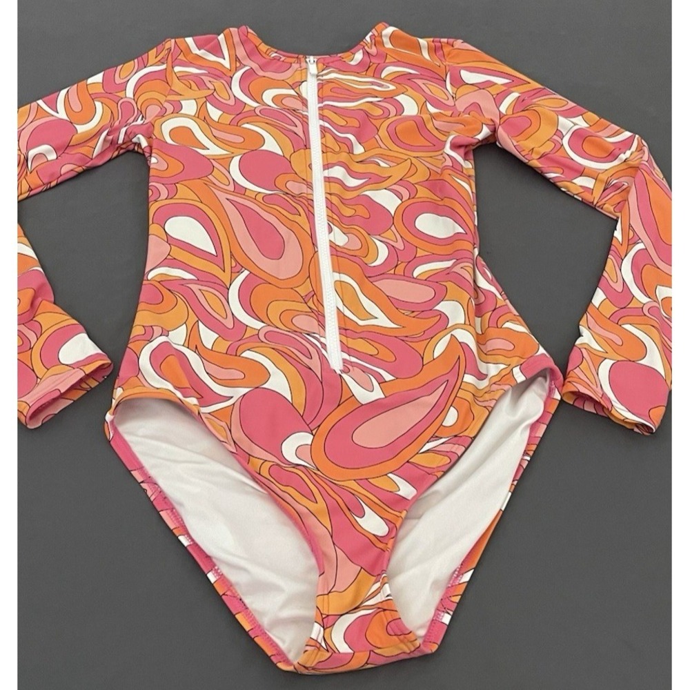 Michael Kors Front Zip Long Sleeve One Piece Swimsuit Women 12 Retro Pink Orange - Picture 4 of 9